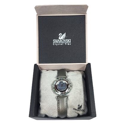 Swarovski Crystal Round watch with glass bezel and genuine leather strap - ladies' watch - Swiss Made